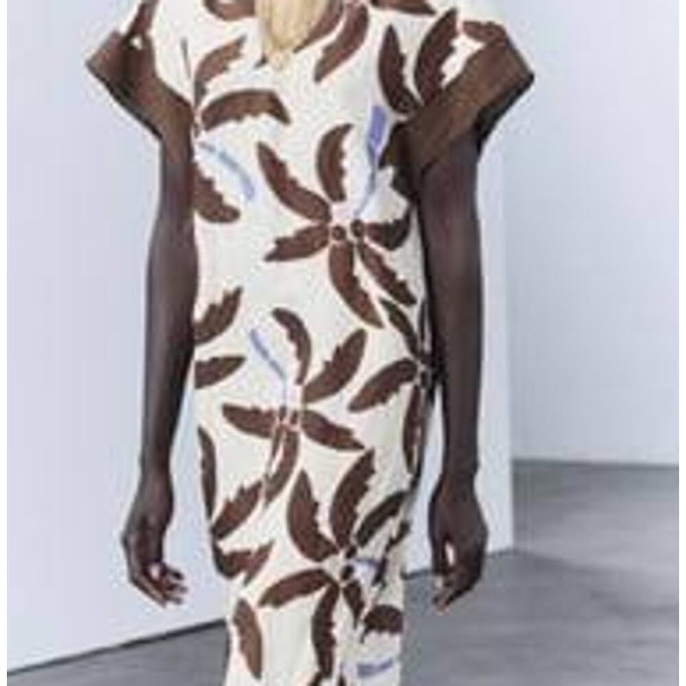 Zara Tropical Palm Tree Print Linen Tunic Maxi / Midi Dress Beige Size Medium - Picture 4 of 5